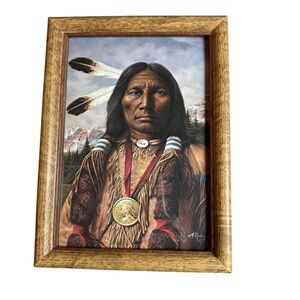 Art Native Warrior Alfredo Rodriguez Print Wood Framed 7.5"‎ x 5.5" VTG Western